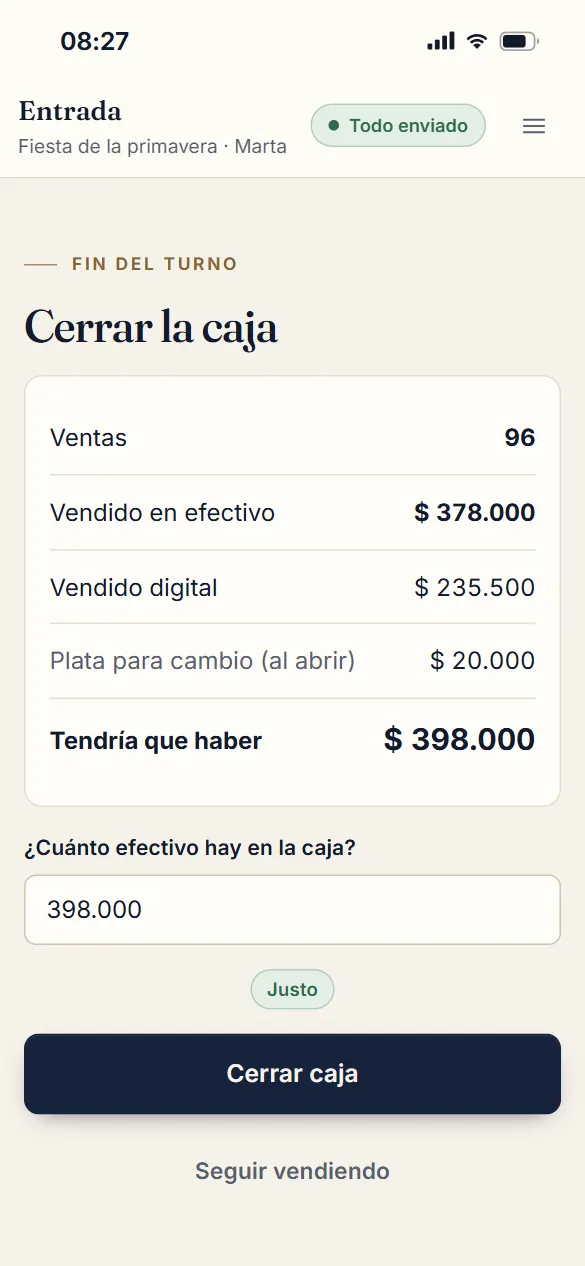 El cierre de una caja: lo vendido, cuánto tendría que haber y el conteo, que da justo.