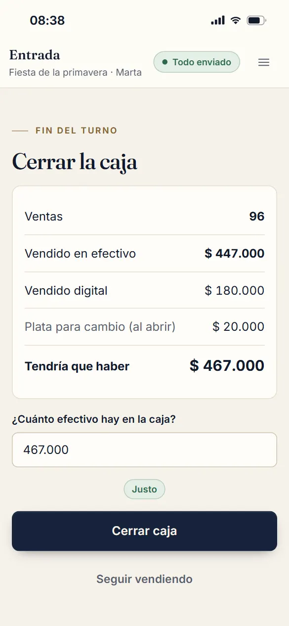 El cierre de una caja: lo vendido, cuánto tendría que haber y el conteo, que da justo.