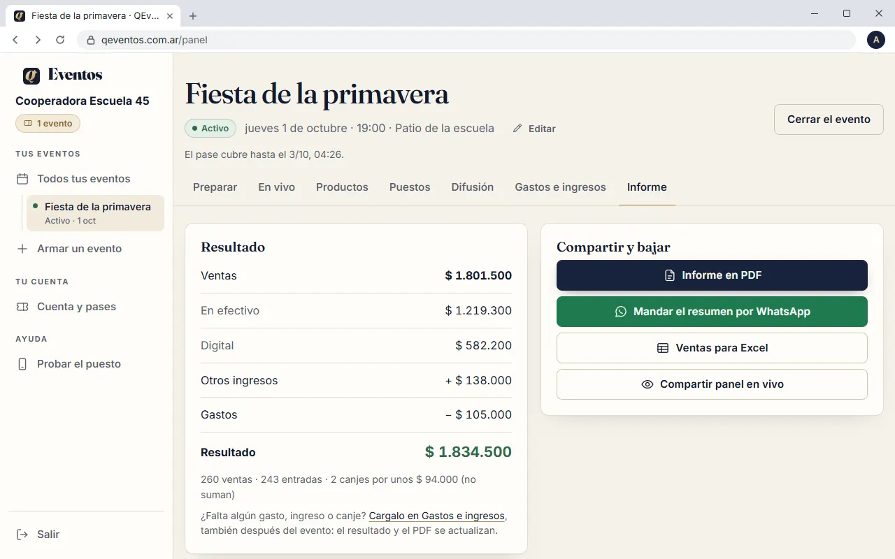El informe del evento: resultado, efectivo, digital y gastos, con botones para el PDF, WhatsApp y Excel.