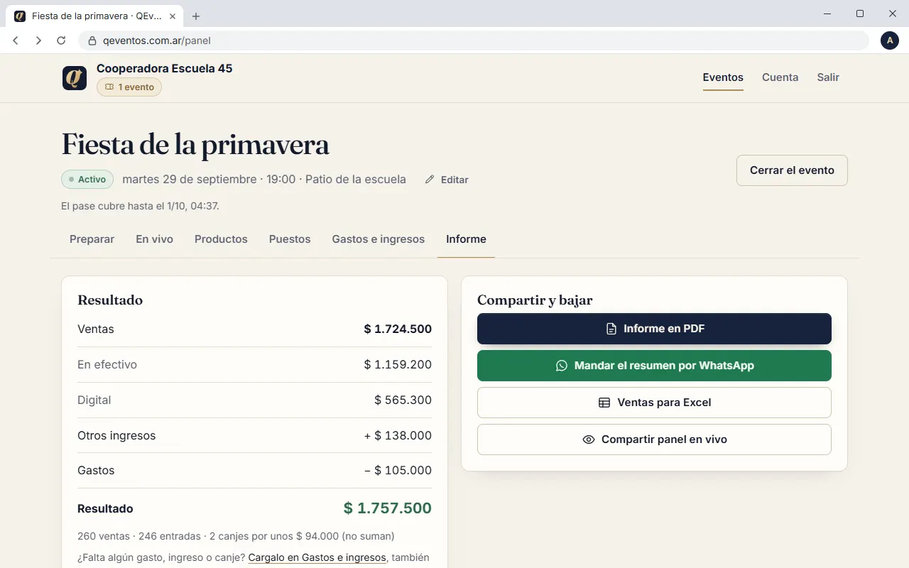 El informe del evento: resultado, efectivo, digital y gastos, con botones para el PDF, WhatsApp y Excel.