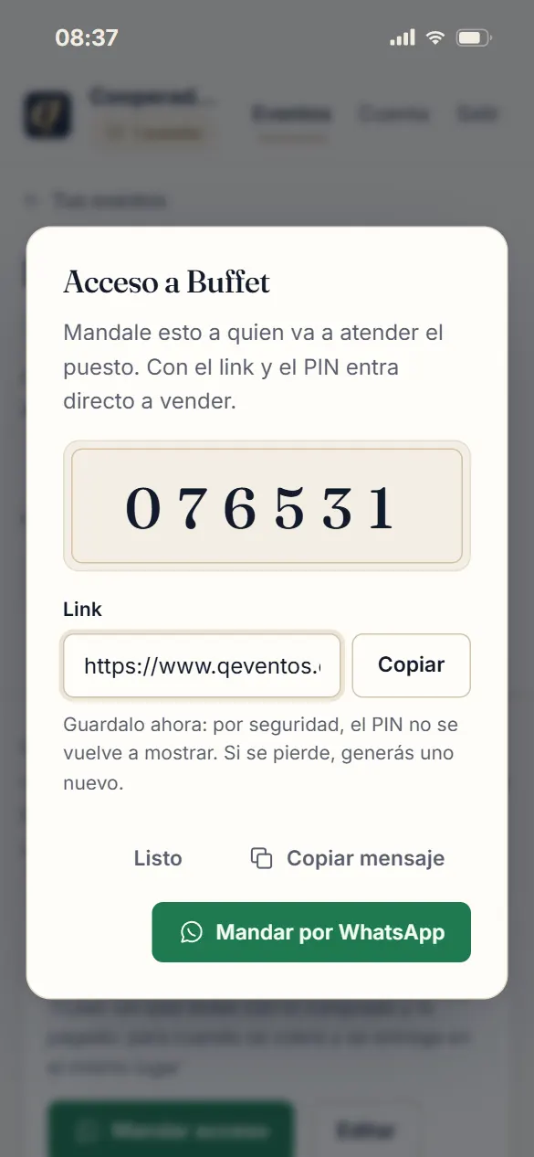 El acceso a un puesto: un PIN grande, el link y el botón para mandarlo por WhatsApp.