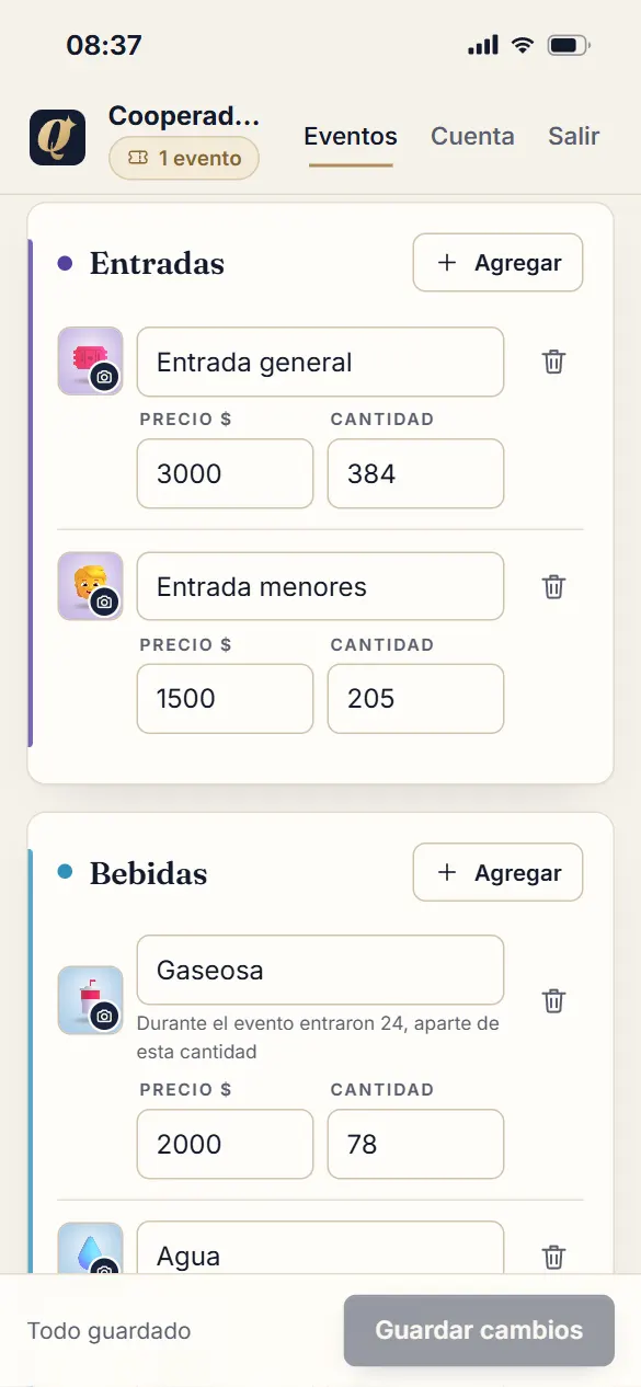 La lista de productos del evento, cada uno con su foto, su precio y su cantidad.