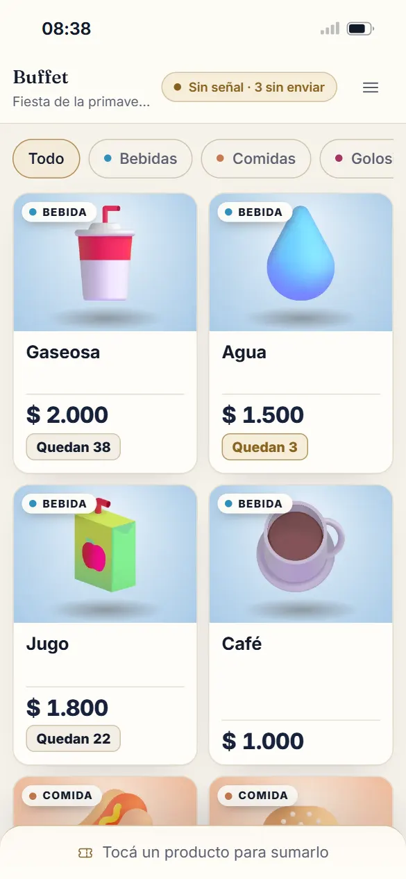 Un puesto vendiendo sin señal: arriba dice «Sin señal, 3 sin enviar».