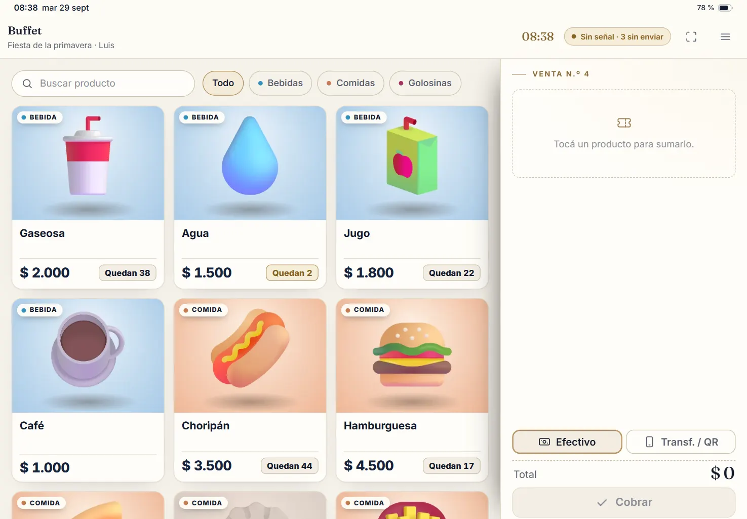Un puesto vendiendo sin señal: arriba dice cuántas ventas quedan por enviar.